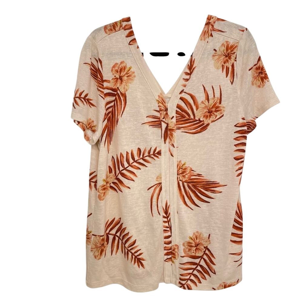 Bella Beach Peach Leaf Print V Neck Short Sleeve Blouse Womens M Tropical Top